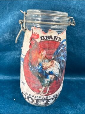 Vintage ARC Large Canister Jar Hinged Latch Lid Decoupage ROOSTER Coffee 8.75” H